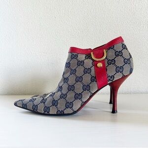 Vintage Gucci Monogram GG Canvas D Ring Beige Red Heeled Ankle Boots Size 6.5